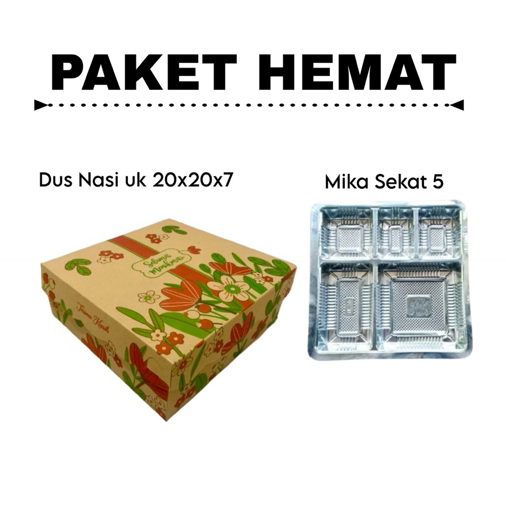 Paket Dus Nasi/Snack 20x20x7 dan Mika Sekat 5 || Kardus Nasi Motif || Mika Makanan ||