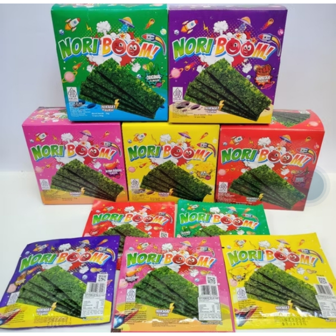 

NoriBoom (1 BOX ISI 12+1 PCS) / Nori Sachet Seaweed Snack 3g Rumput Laut [HALAL]