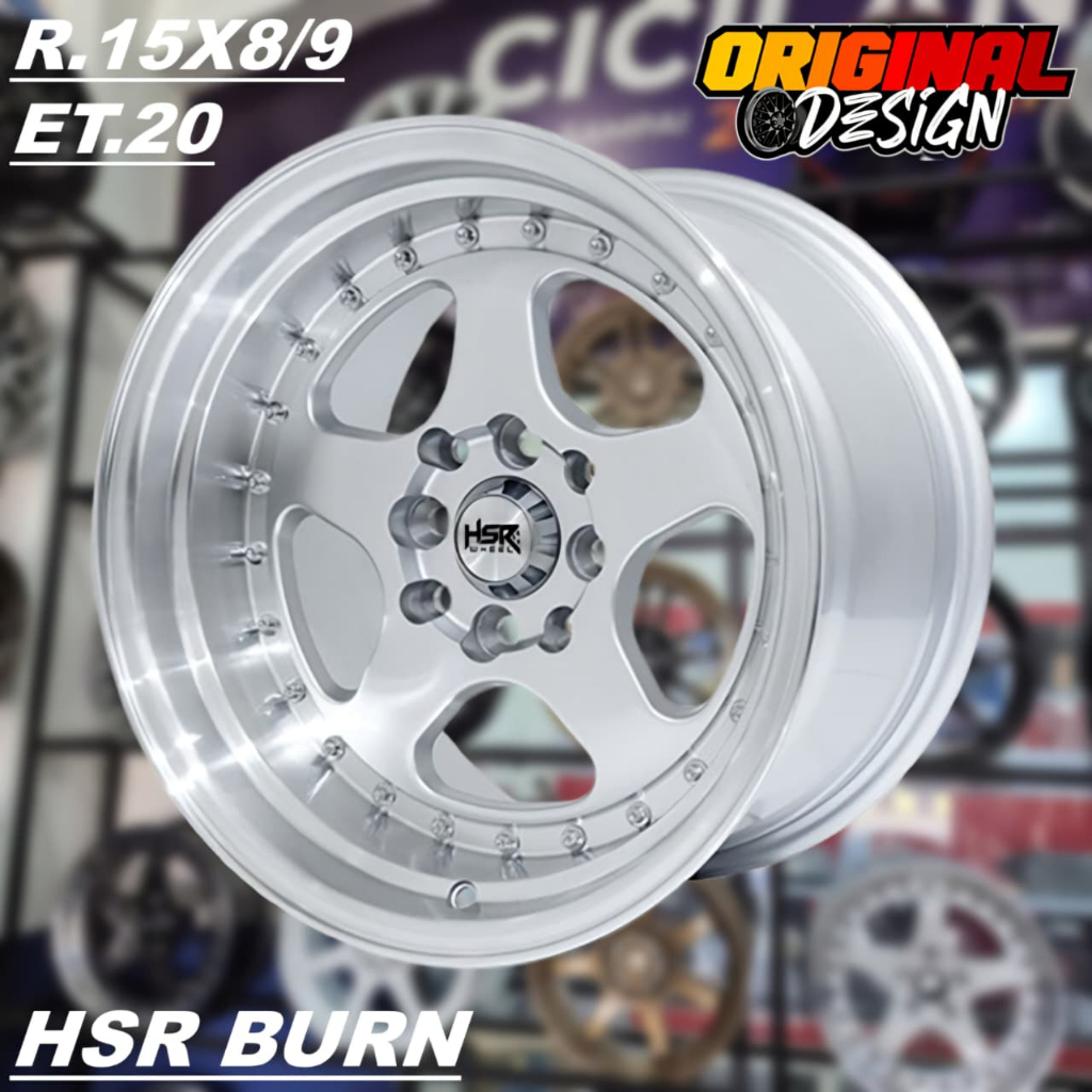 Velg celong ring 15 lebar 8/9 HSR BURN R15 lubang 4 silver chrome palang 5