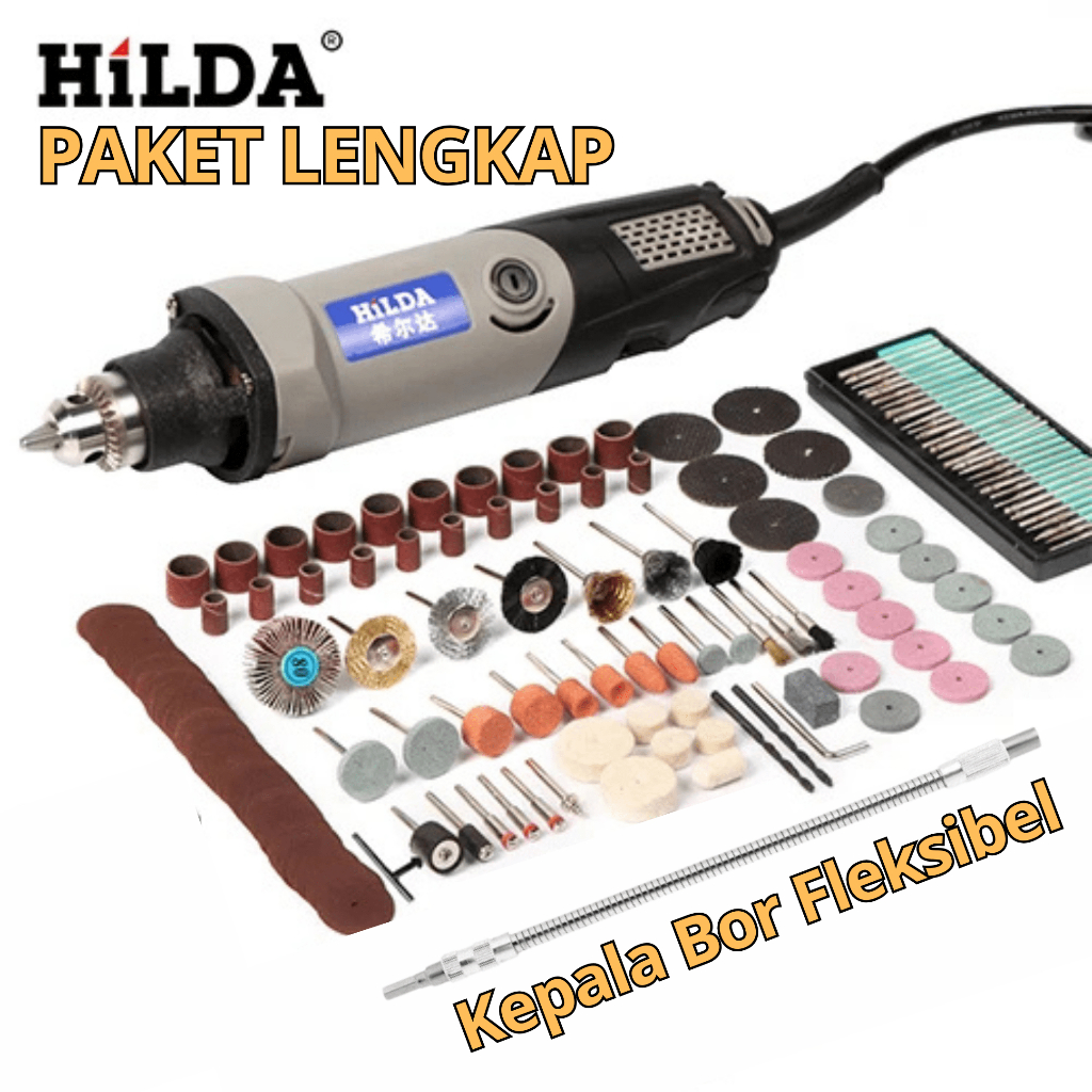 HILDA Bor Listrik Mini Set Lengkap Mata Bor Dan Fleksibel Drill Polishing Engraver Grinder 400W