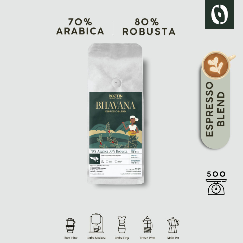 

Rootin Coffee Bhavana Espresso Blend 70% Arabika 30% Robusta Beans Biji dan Bubuk Kopi / 500gr