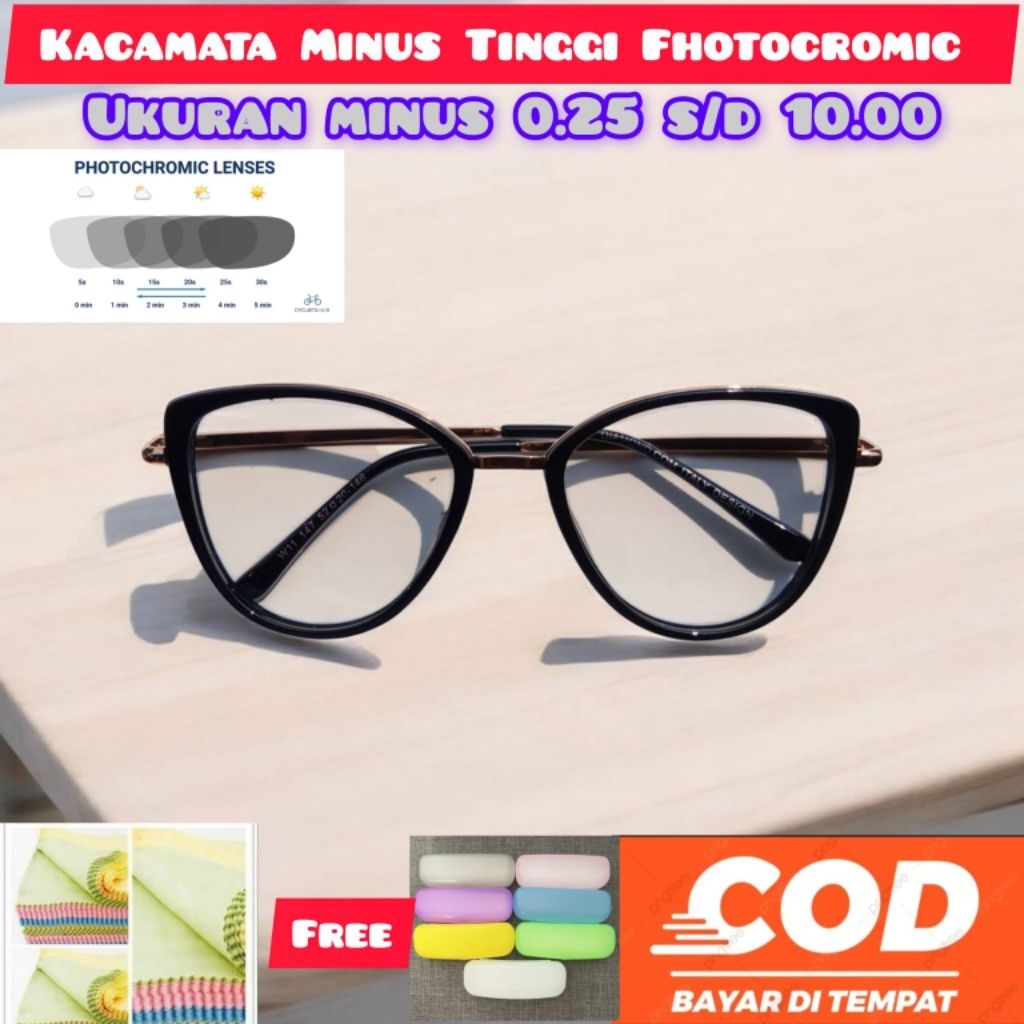 Kacamata Minus Tinggi fhotocromic Wanita Model Cat Eye Besar Ukuran minus 0.25 s/d 10.00 Kacamata Ra