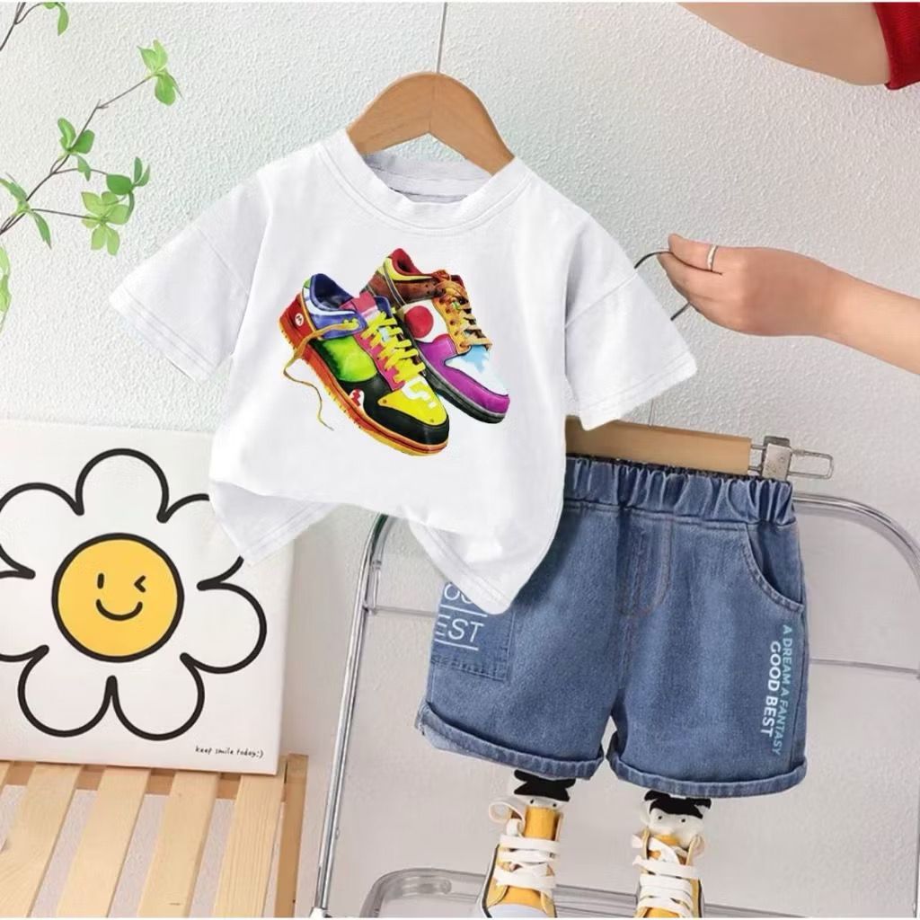 Setelan anak baju kaos celana pendek denim anak laki laki perempuan usia 1-5 tahun motif nike dunk