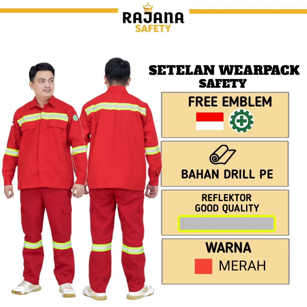 Rajana Safety - Setelan wearpack safety warna merah atasan dan bawahan kerja lapangan proyek