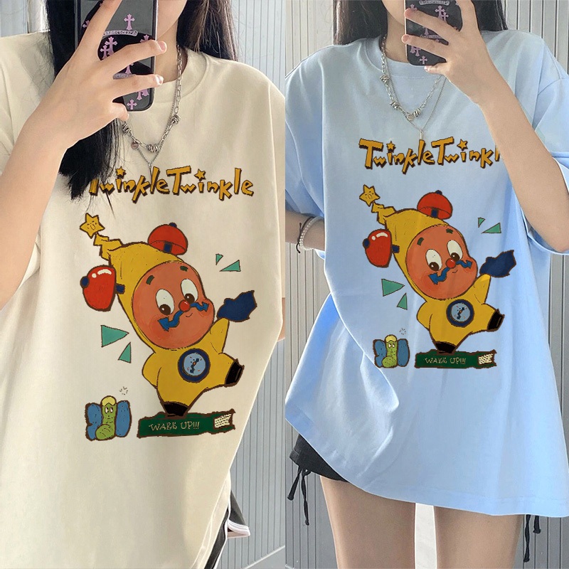 Kaos Lengan Pendek Oversize Wanita Cetakan Cartoon TwinkleTwinkle Star People/Baju Atasan Wanita Ter