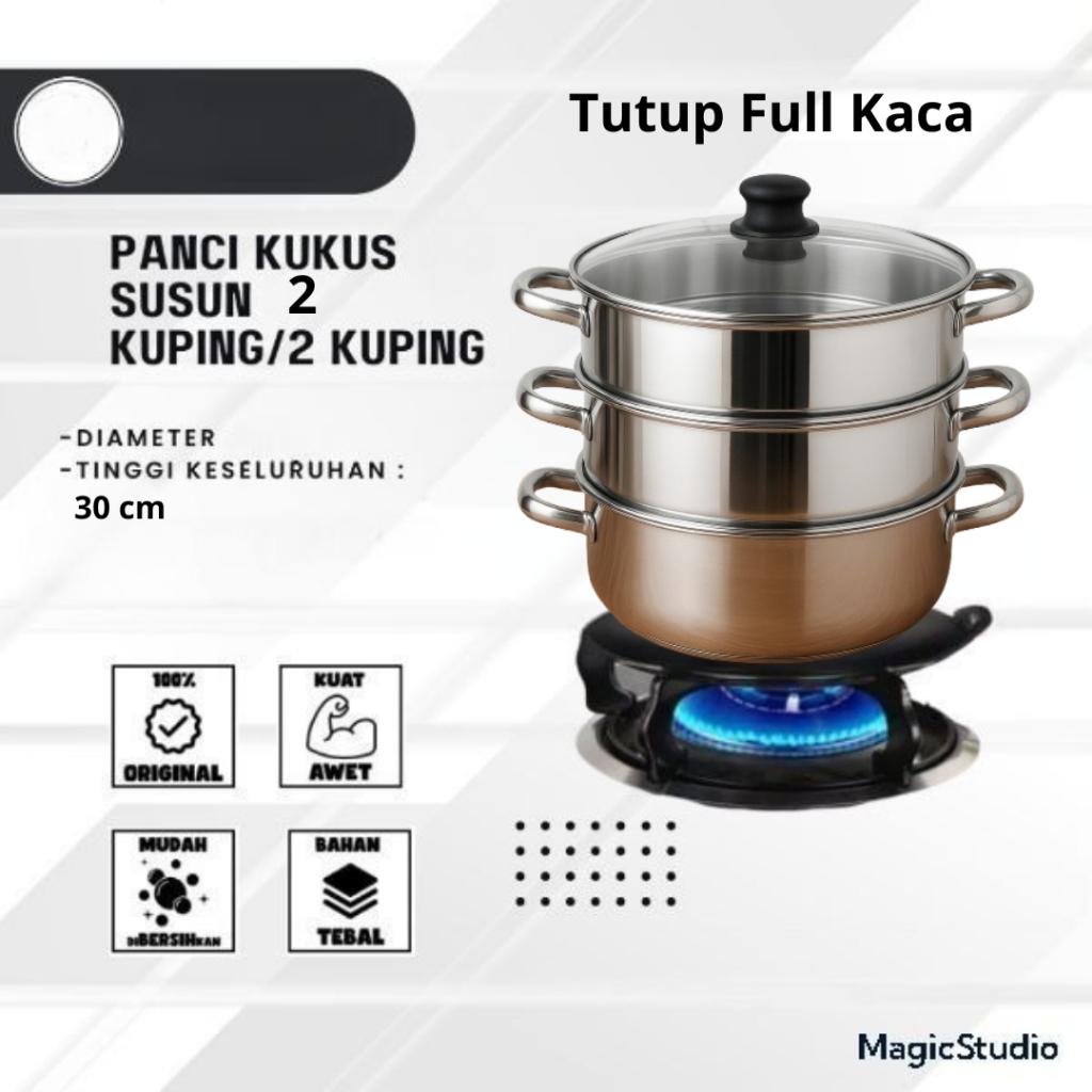 Panci Kukus Dandang Kukusan Stainless 2 Susun Ukuran Besar 30cm Full Tutup Kaca Steamer Panci Anti L