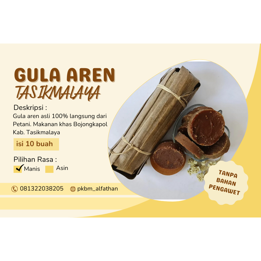 

Gula Aren asli 100% tanpa campuran bahan kimia. variasi 500 gr. Rasa manis bentuk bulat