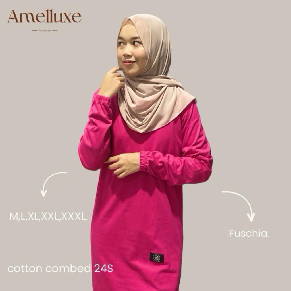 Atasan Tunik Polos Jumbo Warna Pink Fuschia Lengan Panjang - Tunik Kaos Bahan Cotton Combed 24s