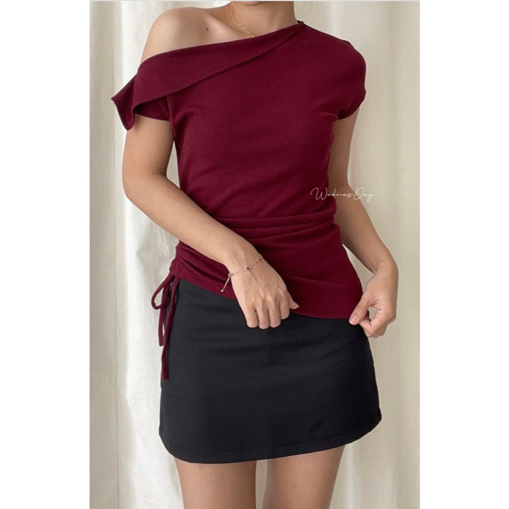 [WDNSDY] Narin Top - One Shoulder Knit Korean Style - Blouse Atasan Wanita/Serut Samping