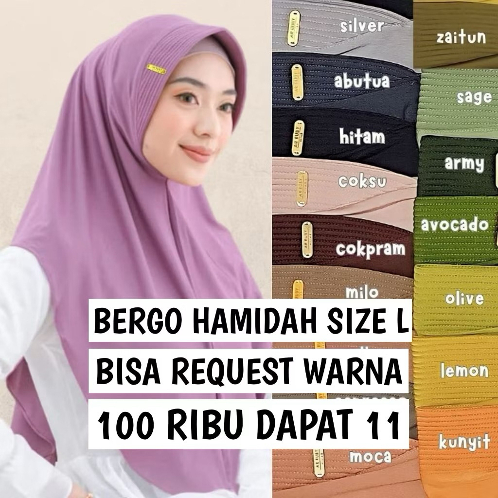 (100 RB DAPAT 11PCS) Hijab Bergo Hamidah Size L Menutup Dada Label Besi Akrilik Jersey Nyaman
