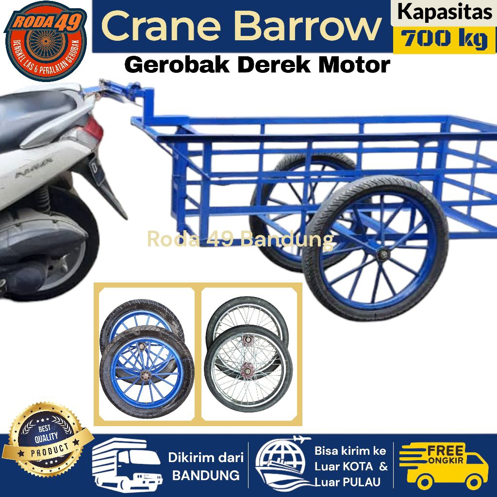 CART / CRANE BARROW / Gerobak Derek motor / Gerobak tarik motor / ukuran 120x50x40 cm / kapasitas 75