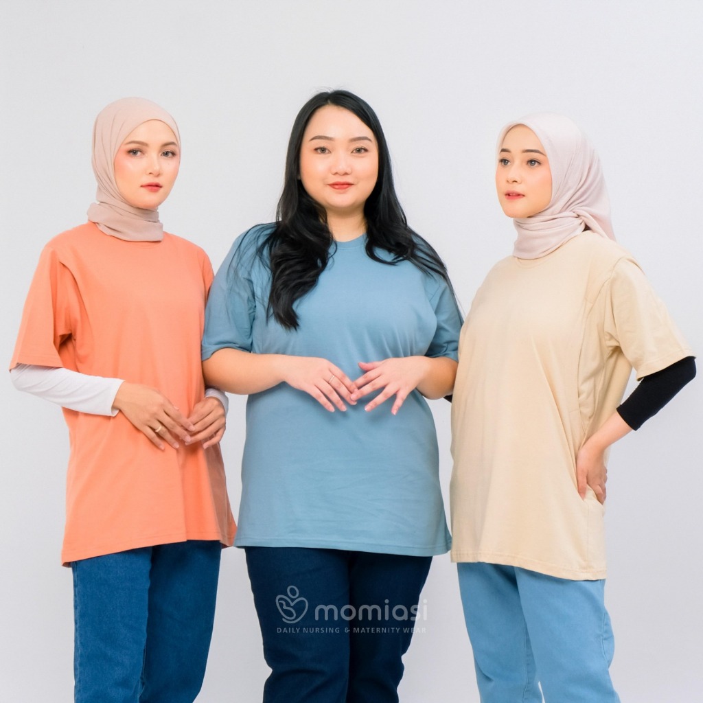 Momiasi - Baju Kaos Ibu Menyusui Wanita Busui Nursing Wear Lengan Pendek Jumbo Bukaan Belahan Sampin