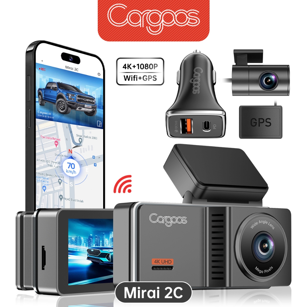 Cargoos Mirai 2C Dashcam 2 Kamera 4K+1080p ADAS WiFi GPS Monitor Depan Belakang