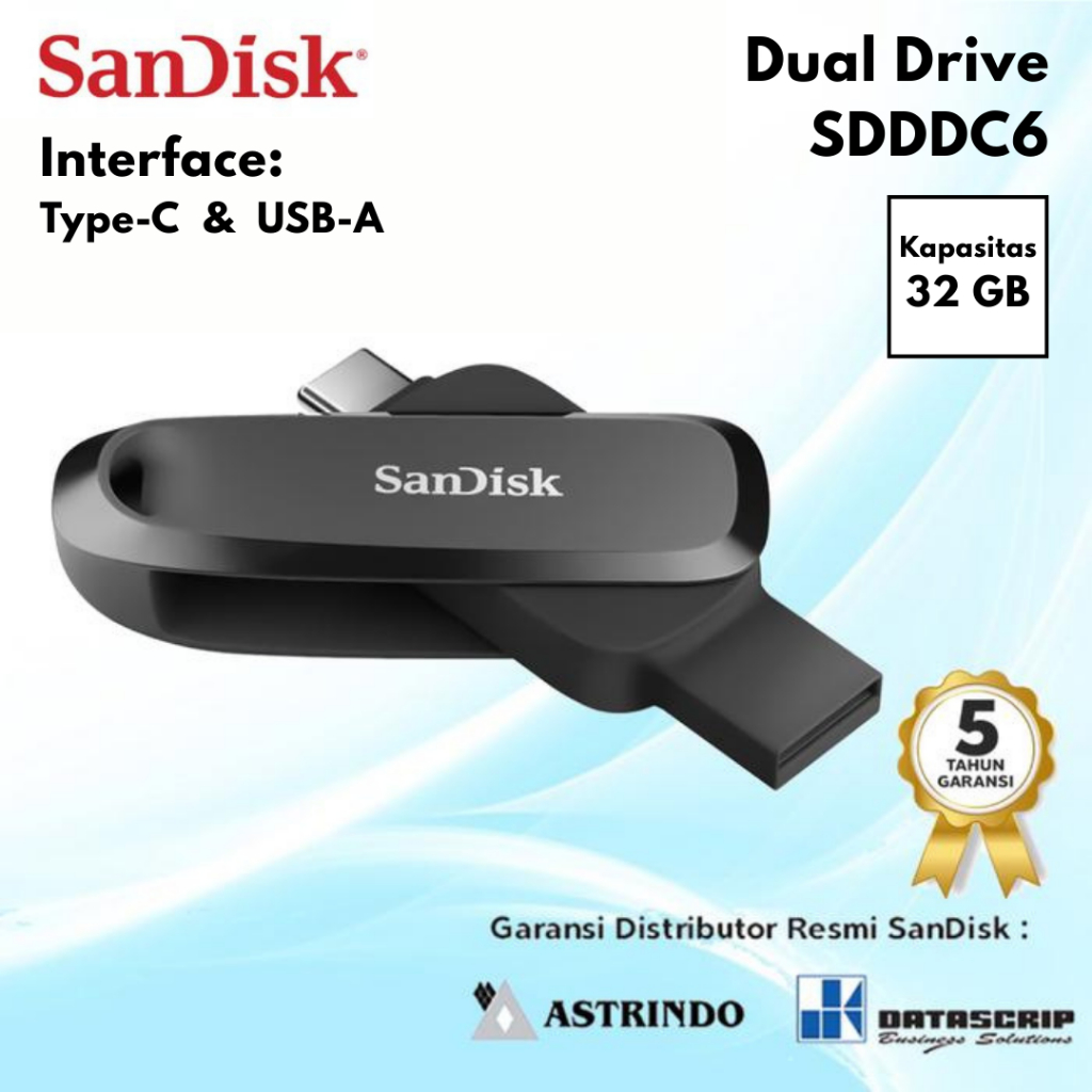 SANDISK SDDDC6 OTG FLASHDISK TYPE-C & USB-A 32 GB DUAL INTERFACE USB 3.2 GEN1 KONVERTER HP TIPE C KE