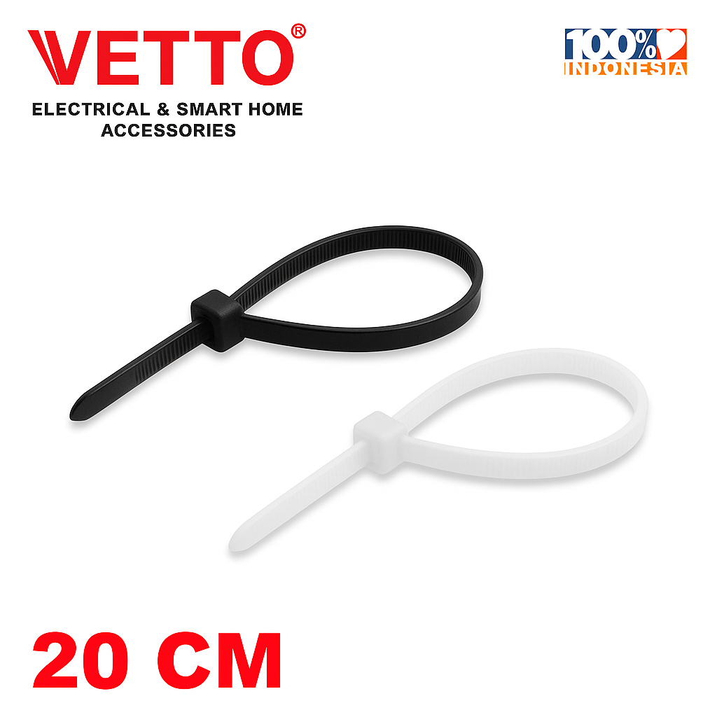 

Vetto Kabel Ties 20cm Isi 50 Pcs Putih Hitam / Kabel Ties 2,5 x 200mm (20CM) / Cable Tie / Kumis Kucing Isi 50 Pcs