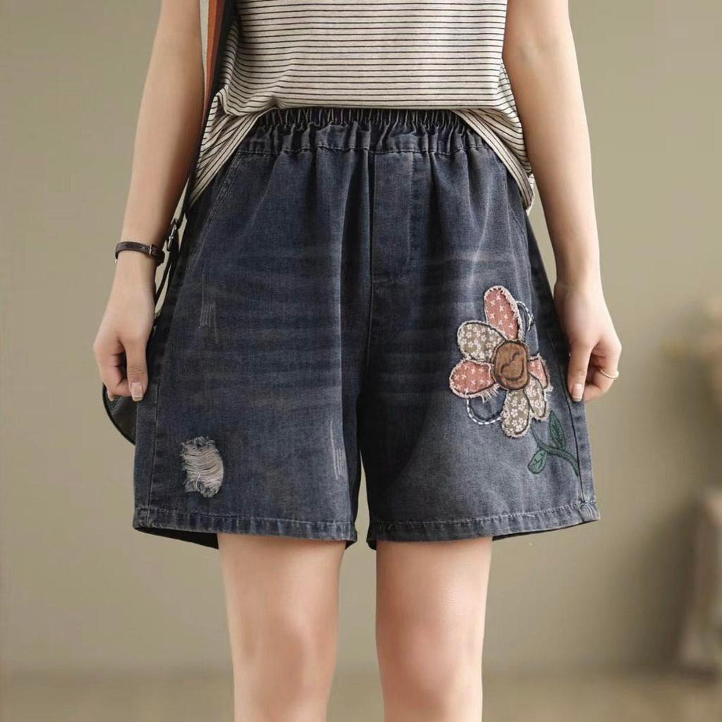 CELANA PENDEK JEANS APLIKASI BUNGA PATCHWORK & BORDIR KOREA IMPORT