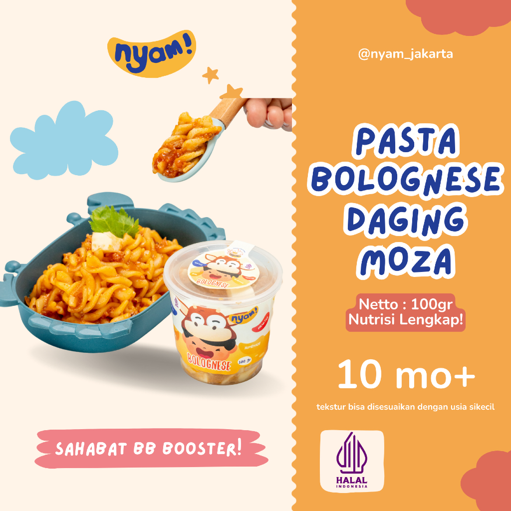 

NYAM BABY FOOD - PASTA BOLOGNESE DAGING KEJU PASTA HOMEMADE - Catering MPASI Bayi BB Booster NON MSG/Pengawet