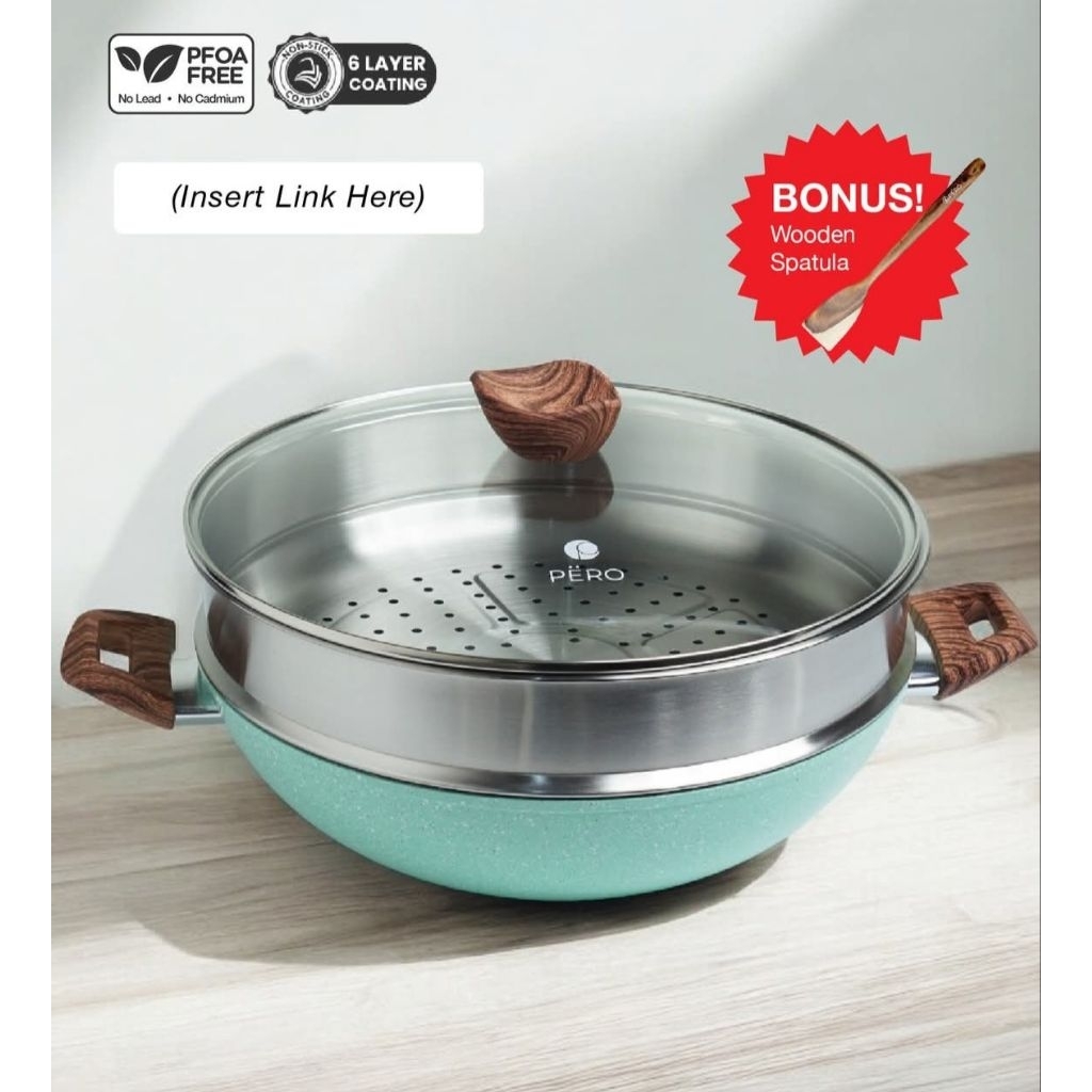 Pero Wok + Steamer 32 Cm Mint Series FREE Wooden Spatula