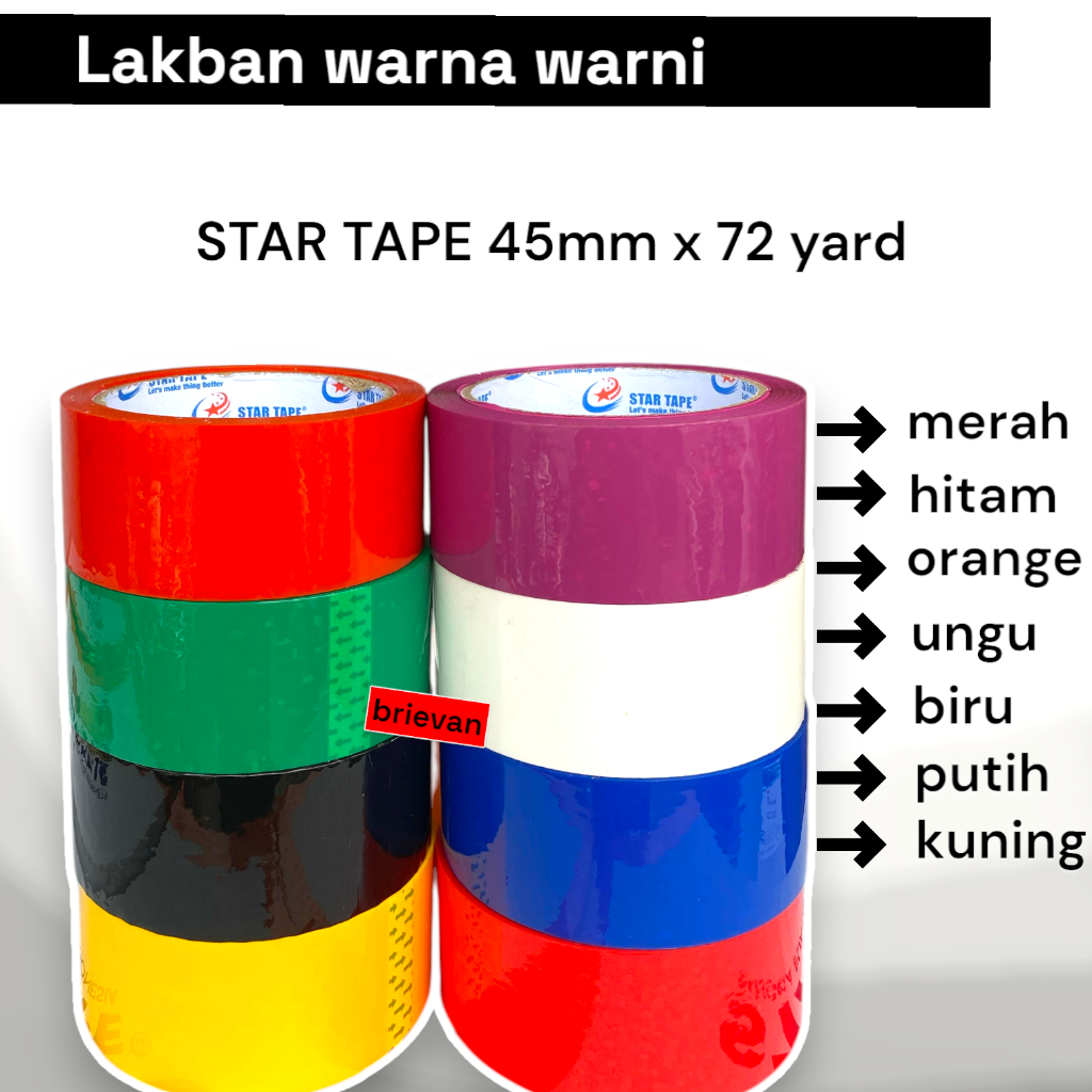 

Startape Lakban Warna-Warni 45mm x 72 Yard - Pilihan Warna Merah Hitam Orange Ungu Biru Putih Kuning Hijau