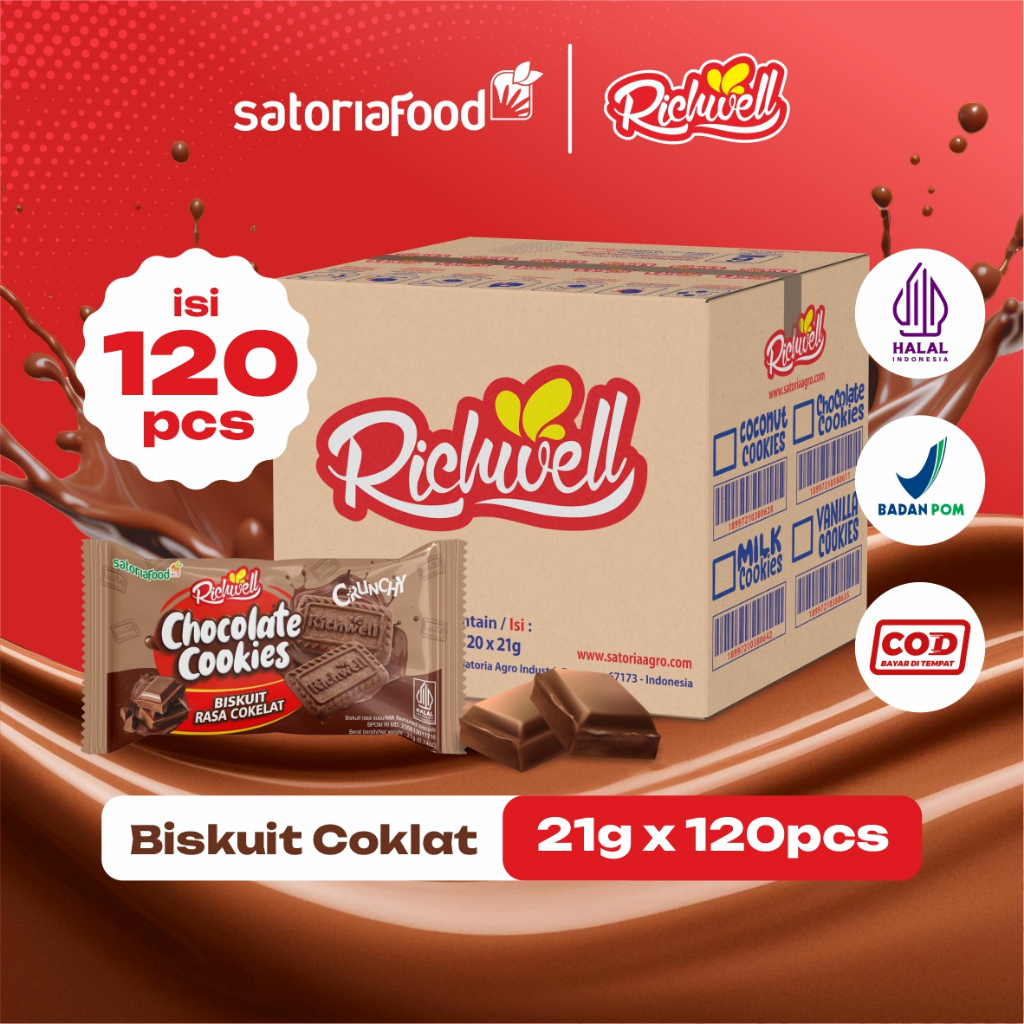 

Snack Richwell Chocolate Cookies 21g | [ 1 Dus ] Cemilan Biskuit Kukis Rasa Coklat isi 120 pcs
