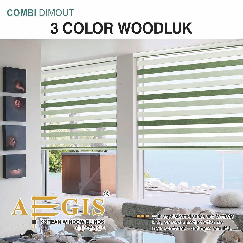 Erihome Aegis Combi Blind Dimout 3 Color Woodluk | Roller Blind Premium Anti UV