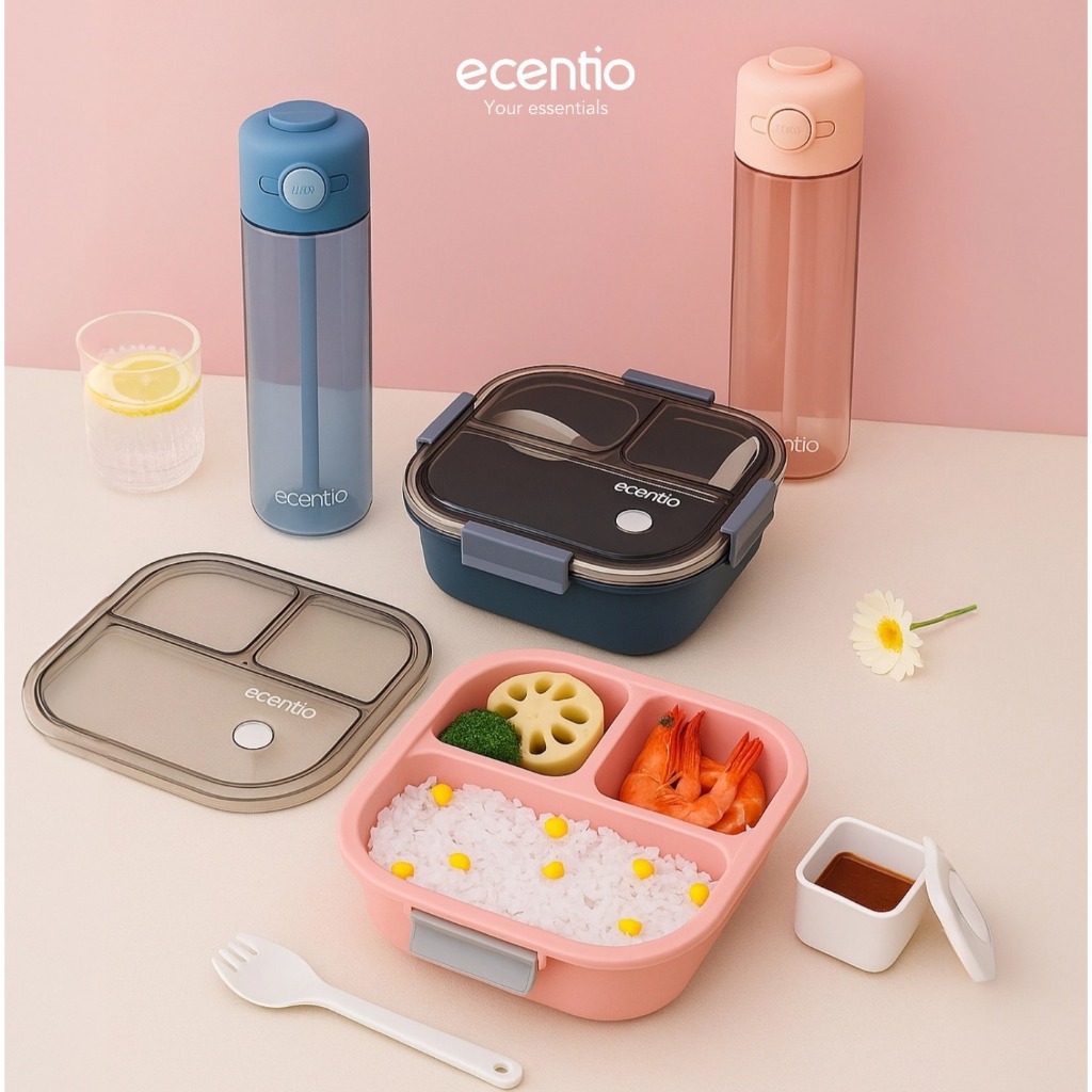 ecentio botol minum 550ml Portable Botol air Anak Sport & lunch box 3 gird 1000ml free sendok Outdoo