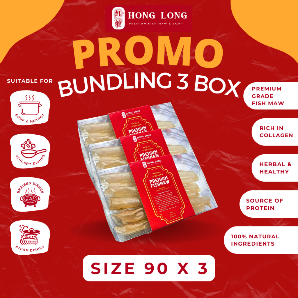 

Hong Long - Bundle 3 Box Premium Fish Maw Size 90 Pcs (魚鰾/花膠) Hipio Yiphiau Gelembung Ikan Perut Ikan Kakap Kering Hipiau Grade Super Kualitas Premium