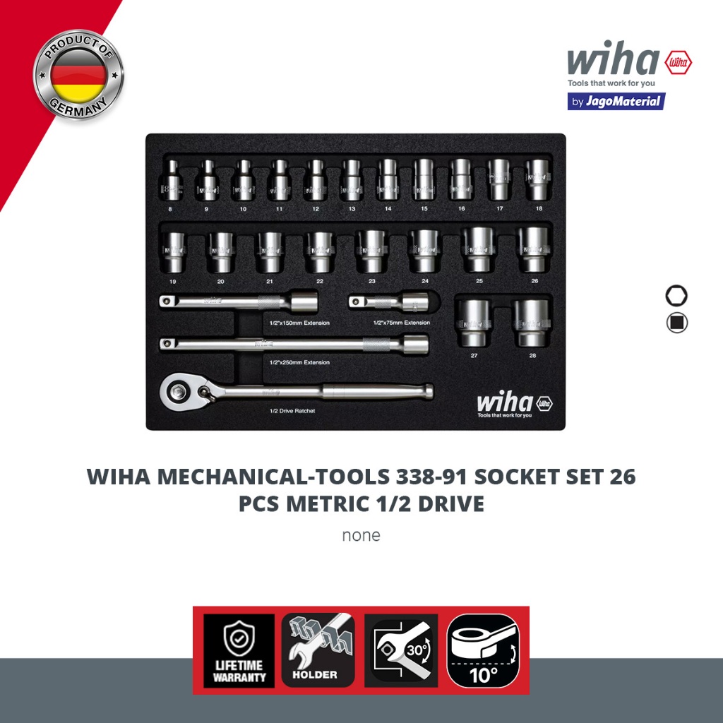 Wiha Mechanical-Tools 338-91 Socket Set 26 PCS Metric 1/2 Drive - Ratchet Wrench Set - Kunci Sok
