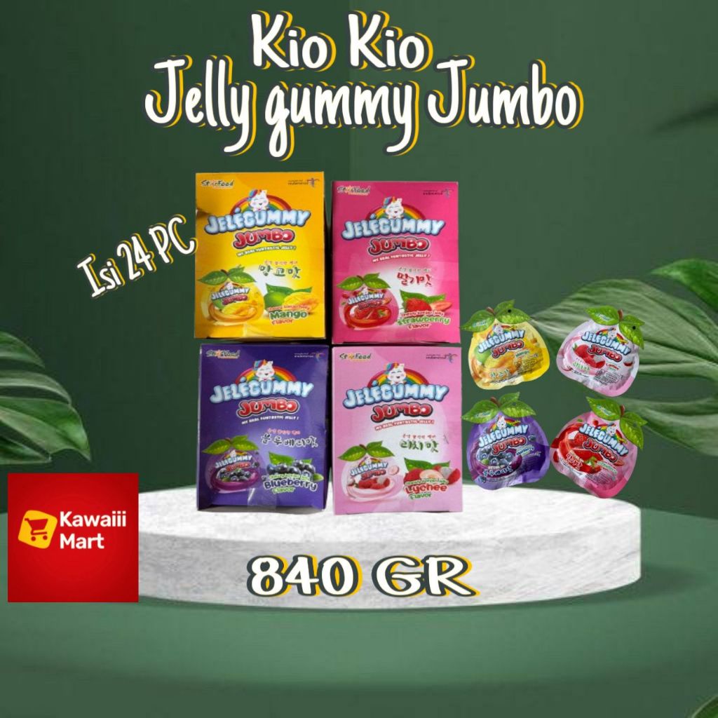 

KIO KIO Jele gummy jelly Halal 1 box isi 24 pc lychee blueberry strawberry mango 840gr