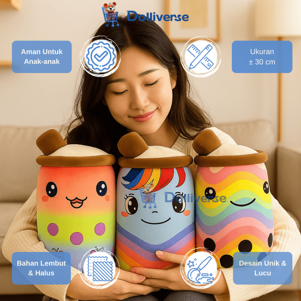Dolliverse Boneka BOBA RAINBOW LED Boneka Boba Bubble Milk Tea Brown Sugar Printing ukuran 30 cm