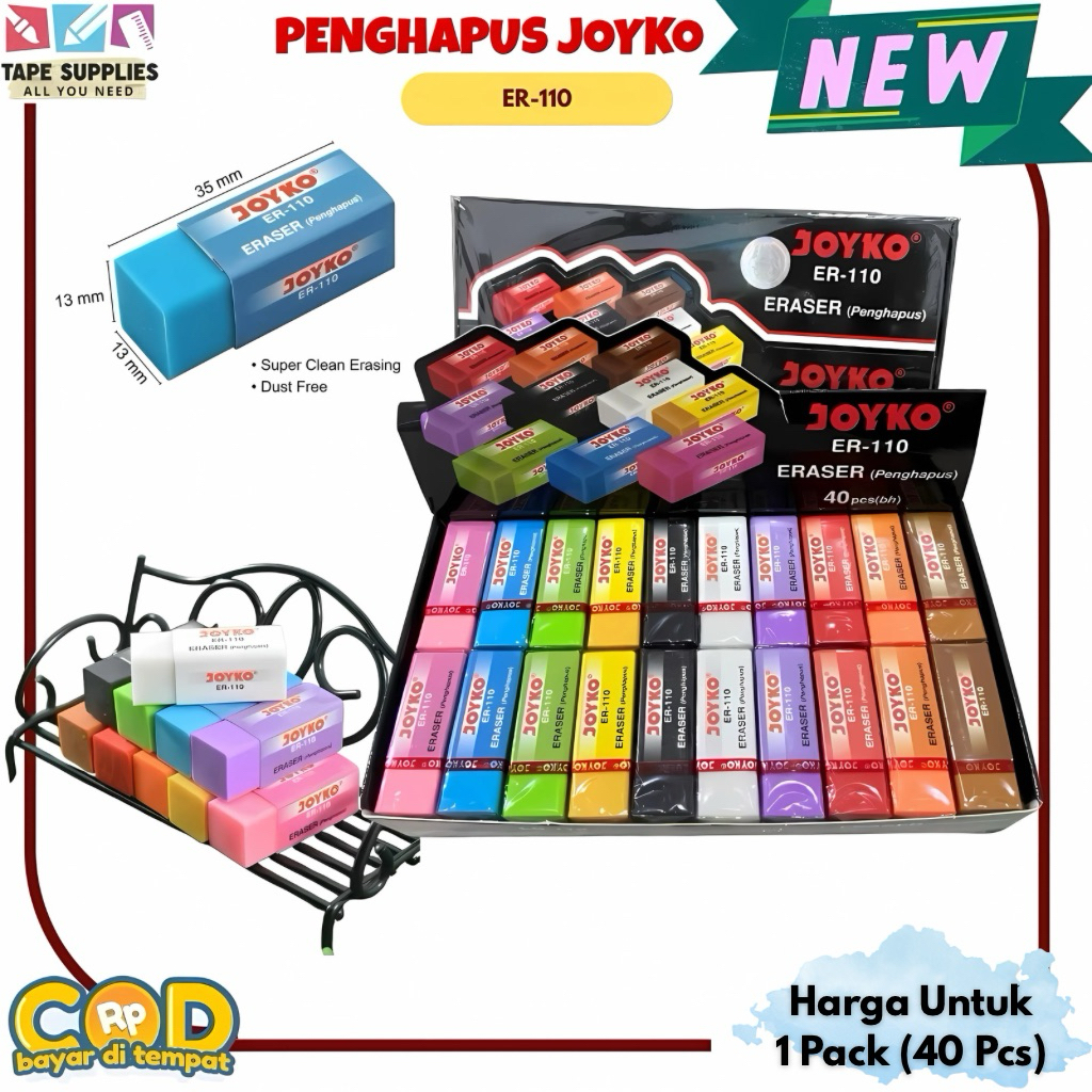 

(1 PACK 40 PCS) JOYKO Penghapus ER-110 Warna-Warni Super Clean Erasing Dust Free 1 Pack Isi 40 PCC
