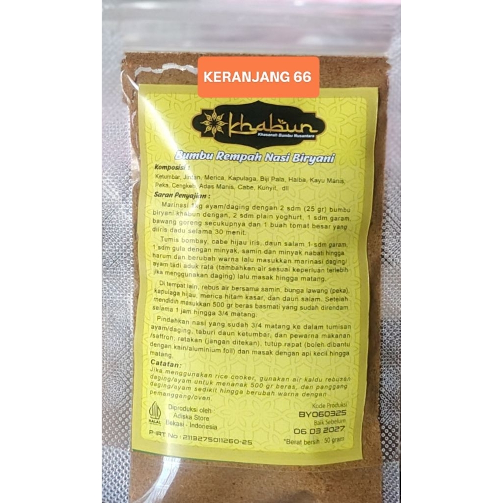 

Bumbu Nasi Biryani (Briyani) Khabun 50 gr