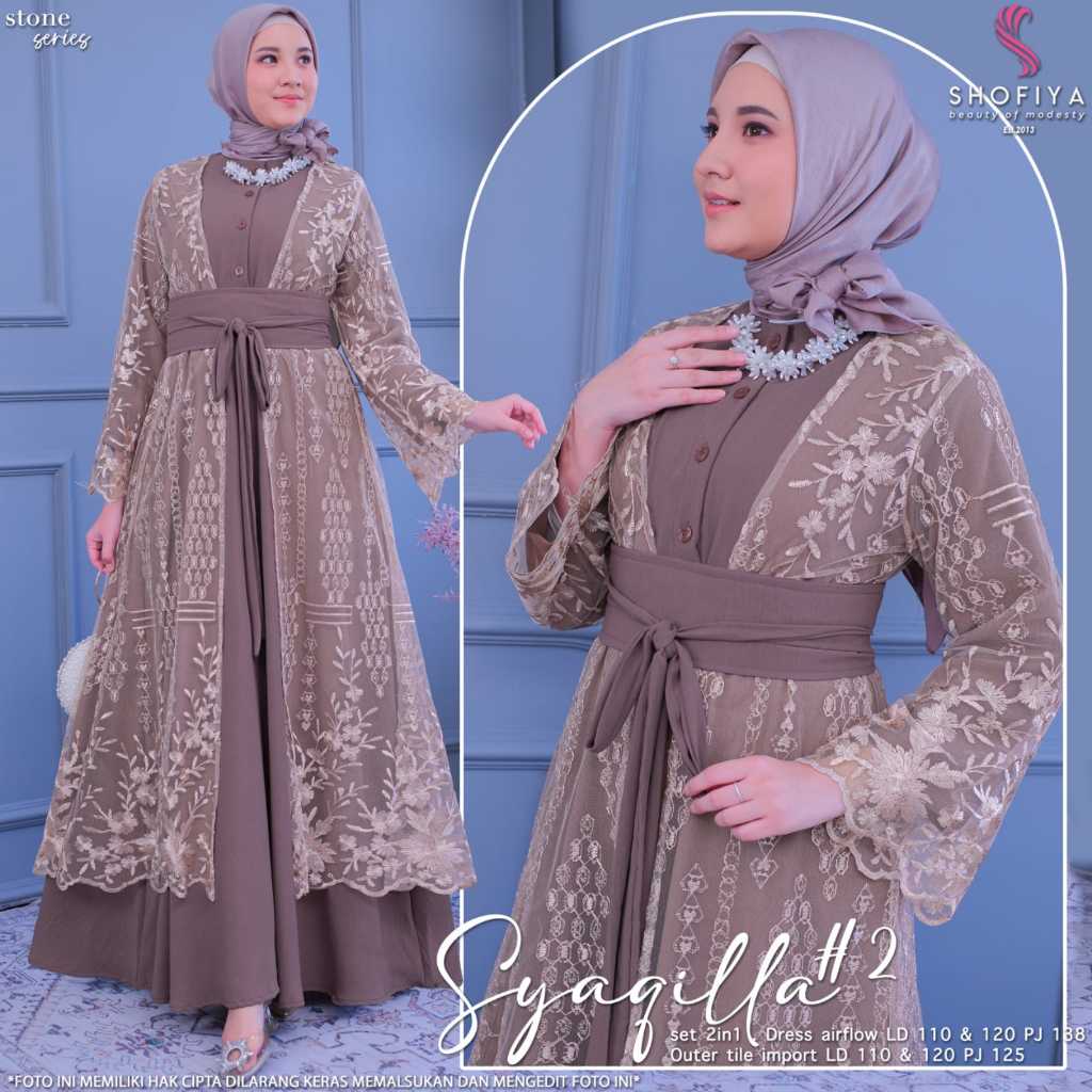 Syakila dress gamis baju pesta kondangan wanita muslimah jumbo ld 110 - 120 brokat tile mewah elegan