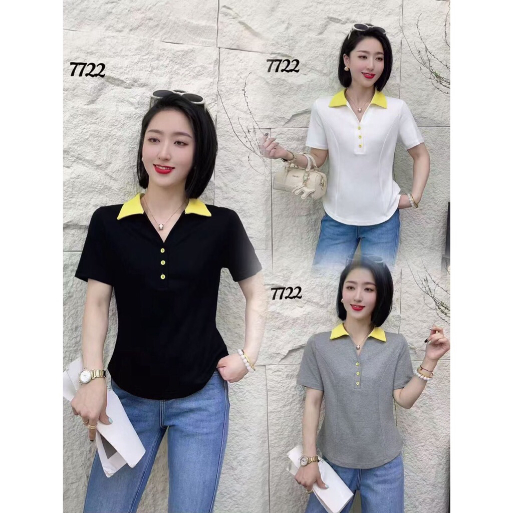 BILLENSHOP - KAOS KERAH WANITA IMPORT KOMBI KERAH KUNING