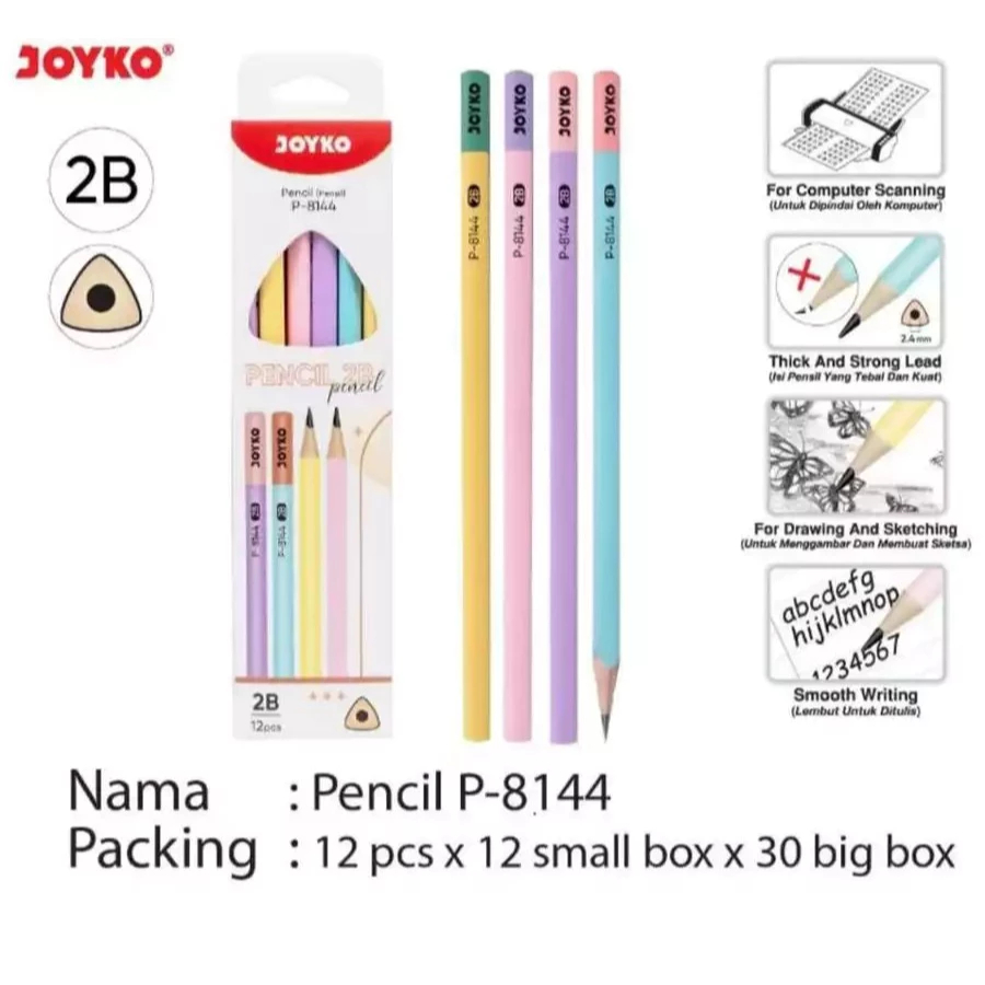 

(12 Pcs) Pensil Tulis Kayu 2B Segitiga JOYKO P-8144 Warna Pastel Triangle Pencil Murah Berkualitas
