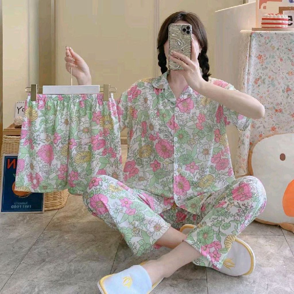 Piyama Cewek 3in1 Bahan Kaos All Size Ld 115cm