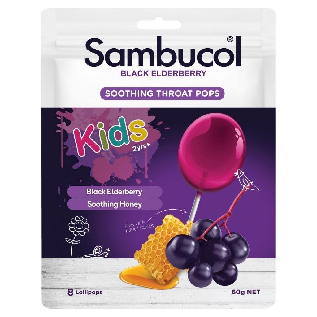 Sambucol Kids Soothing Throats Pop Australia - Lolipop Permen Pelega Tenggorokan & Batuk Anak 8 pcs 