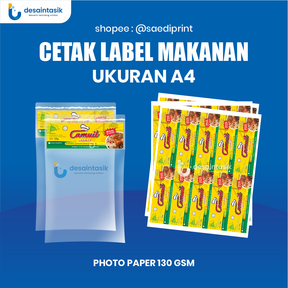 

Cetak Label Kemasan Makanan, Snack, Keripik, Makaroni, dll, Custom Uk. A4 Tahan Air | saediprint