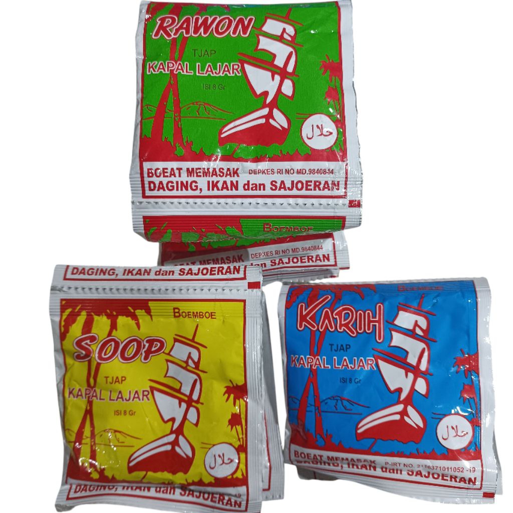 

Bumbu Masak Instant Banjarmasin Tjap Kapal Layar Boemboe Soop, Rawon, Karih, Sop, Sup, Kare 8gr Cap Kapal Lajar