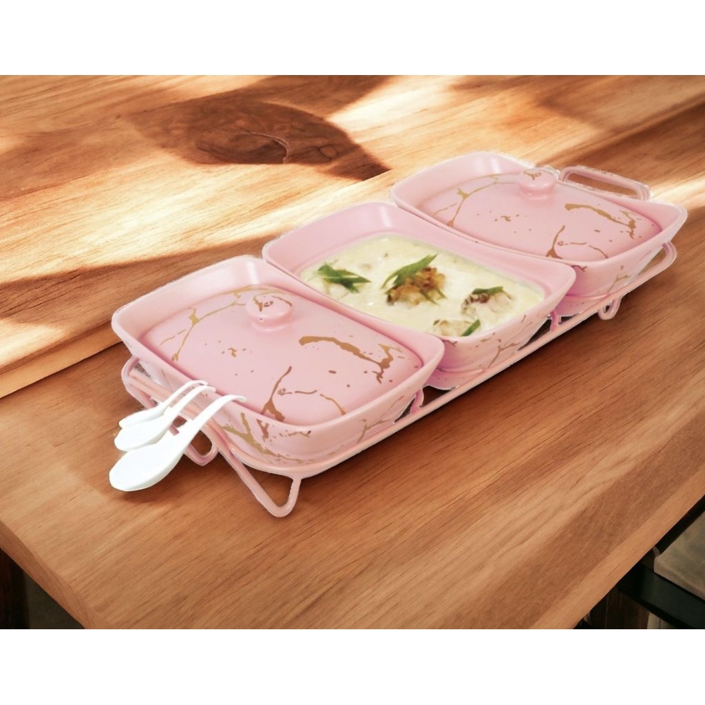 Penghangat Makanan Vicenza, Casserole Vicenza, food warmer Pink Marmer BM751, alat saji 3 menu dalam