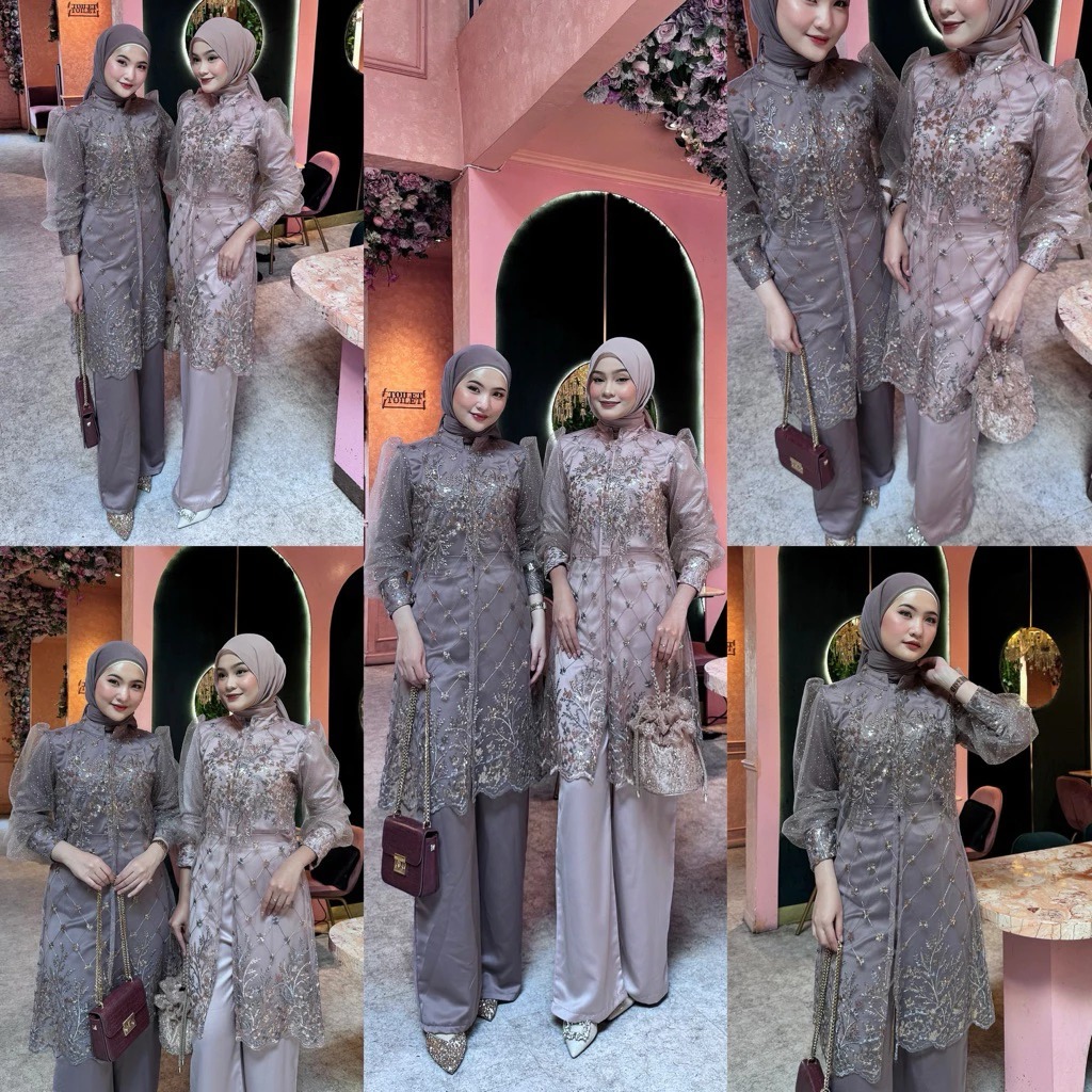 New Rania Set Tunik+Celana Oneset Brukat Premium Setelan Kondangan Wanita Terbaru Dress Muslim Pesta