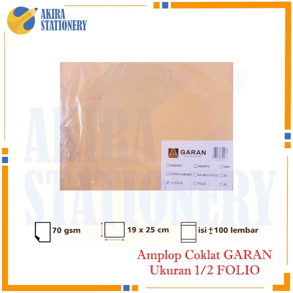 Amplop Kertas Coklat GARAN Ukuran 1/2 Folio 19 x 25 cm 1 pak isi 100 tebal 70 Gsm / Map Dokumen Cokl