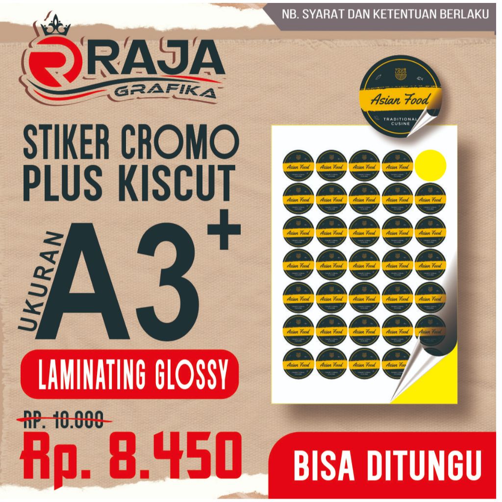 CETAK STIKER CROMO LAMINATING  GLOSSY PLUS KISSCUT KEMASAN A3+