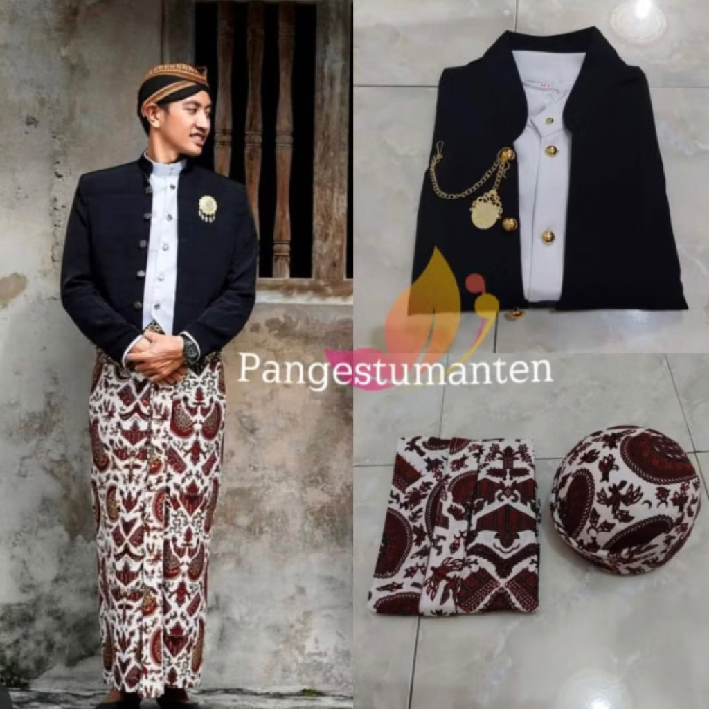 [SB1HT] Set Pakaian Adat Jawa - Beskap Hewes Hitam + Jarik Instan Sudah Jadi + Blangkon Solo