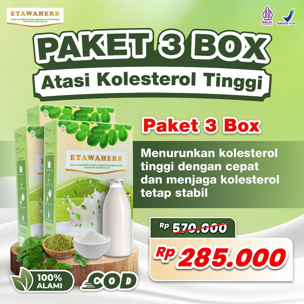 

Paket 3 Box Etawaherb Susu Kambing Daun Kelor Penurun Kolesterol Tinggi | Obat Kolesterol Alami, Aman Tanpa Efek Samping, BPOM & Halal | Susu Kolesterol Herbal untuk Jaga Jantung Sehat & Cegah Stroke | Minuman Herbal COD