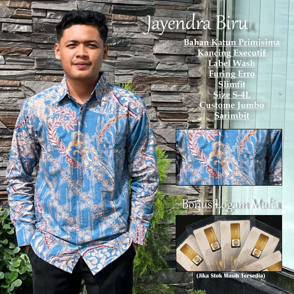 PERKASA BATIK Motif Jayendra Biru Atasan Kemeja Batik Pria Premium Lengan Panjang Slimfit Bahan Katu