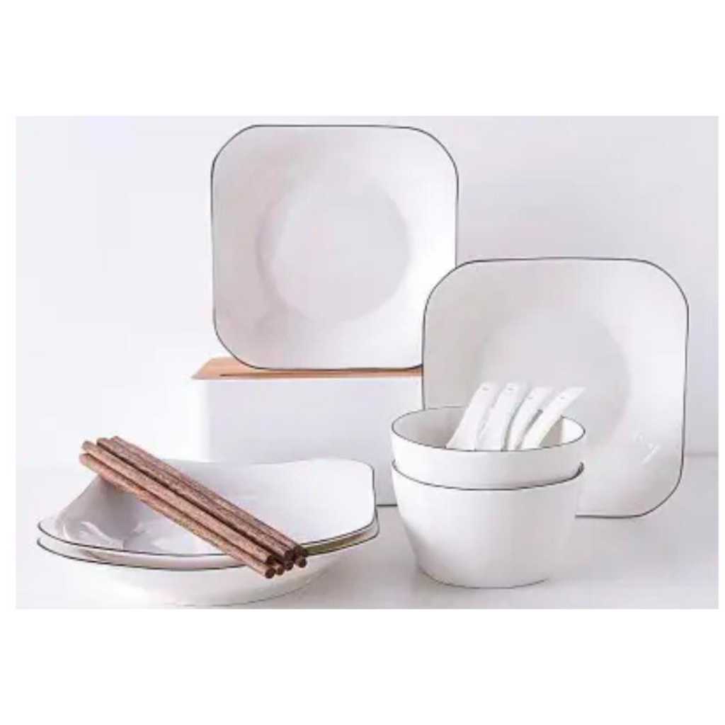 Mangkuk, Piring Makan, Sendok dan Sumpit Elegant Set 16 Keramik Putih Kotak Dengan Garis Rim Hitam M