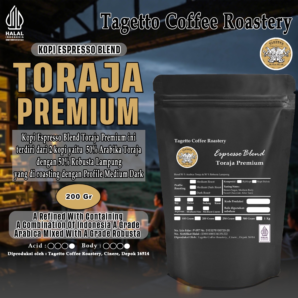 

KOPI ESPRESSO TORAJA PREMIUM 200GR - 50% ARABIKA 50% ROBUSTA | BEAN GROUND BIJI BUBUK 200 GRAM TAGETTO COFFEE ROASTERY