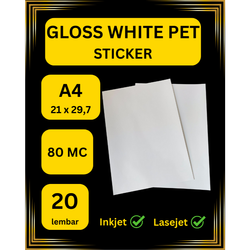 

Sticker Vinyl Glossy Gloss White PET Tahan Panas Anti Air A4 80gsm Isi 20 Lembar