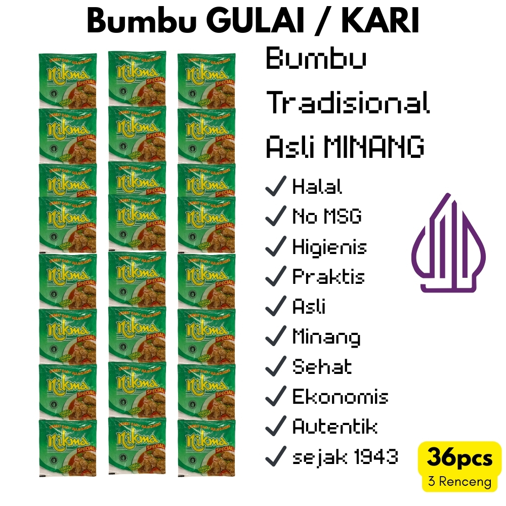 

NIKMA Bumbu Gulai Kari 36 Sachet Halal Praktis Asli Padang Minang Untuk Masakan